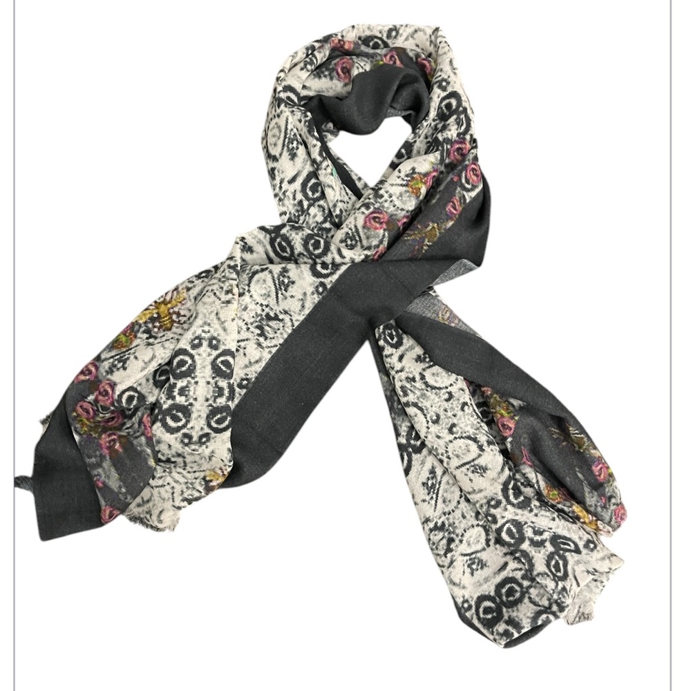 SARA ANDERSON HONEYCOMB HAND SCARF Bee Roses Dragon Flies Gray White Pink Yellow